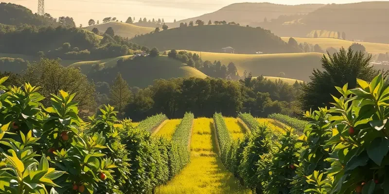 A picturesque landscape featuring vibrant organic fruits and vegetables thriving in a sunlit field.