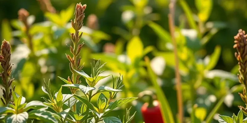 A beautiful landscape depicting fresh organic spices growing in sunlight, symbolizing freshness and quality.