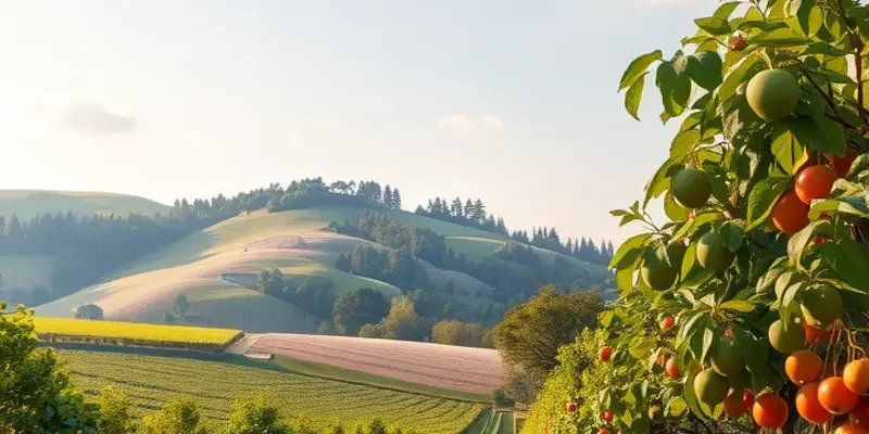 A scenic sunlit field filled with organic vegetables and fruits highlighting nature's freshness.