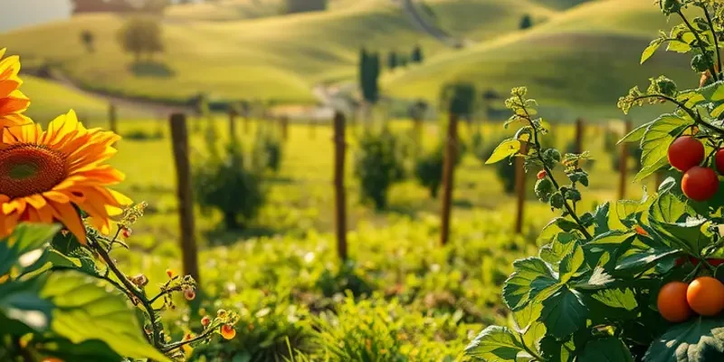 A beautiful garden with a variety of fresh organic produce, emphasizing health and nutrition.