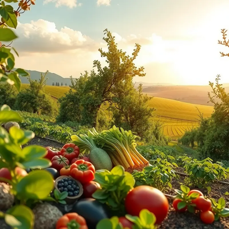 A vibrant sunlit field filled with lush vegetables and fruits, representing the abundance of organic produce.