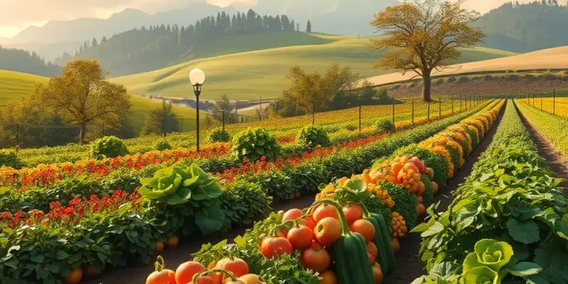 An idyllic landscape filled with lush greenery and vibrant, organic vegetables.
