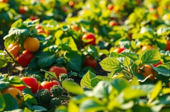 A sunlit landscape filled with vibrant vegetables and fruits amidst lush greenery.