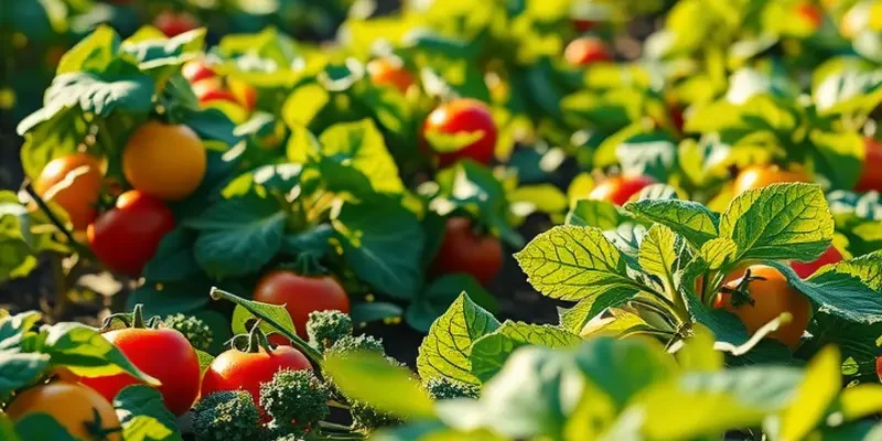 A sunlit landscape filled with vibrant vegetables and fruits amidst lush greenery.