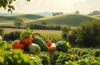 A field depicting the beauty of fresh, organic vegetables and fruits in a natural setting.