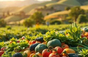 Scenic landscape with vibrant vegetables and fruits growing naturally in lush greenery.