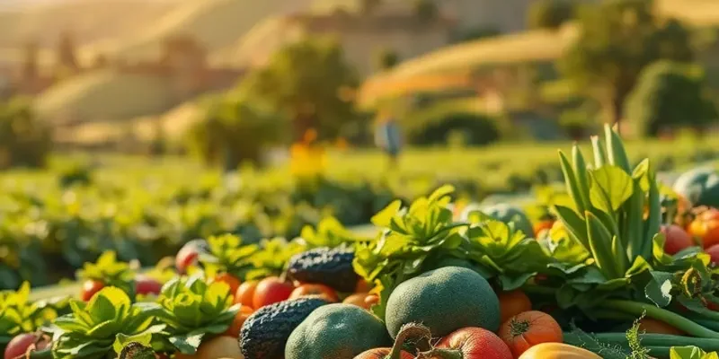 Scenic landscape with vibrant vegetables and fruits growing naturally in lush greenery.
