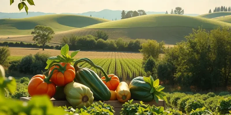 A field depicting the beauty of fresh, organic vegetables and fruits in a natural setting.