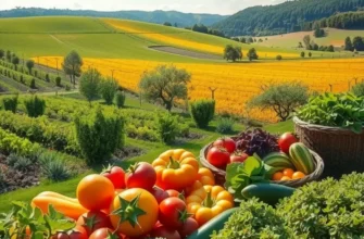 A photorealistic image of a sunlit field abundant with fresh vegetables and fruits.