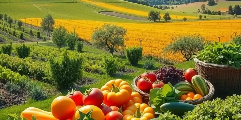 A photorealistic image of a sunlit field abundant with fresh vegetables and fruits.
