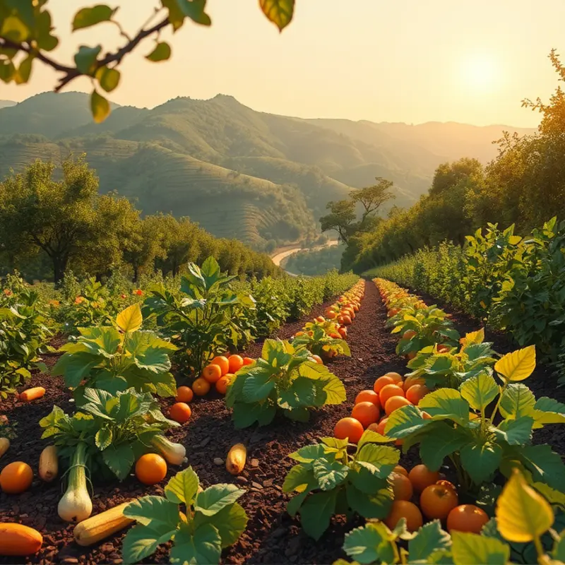 A sunlit orchard showcasing fresh organic fruits and vegetables.