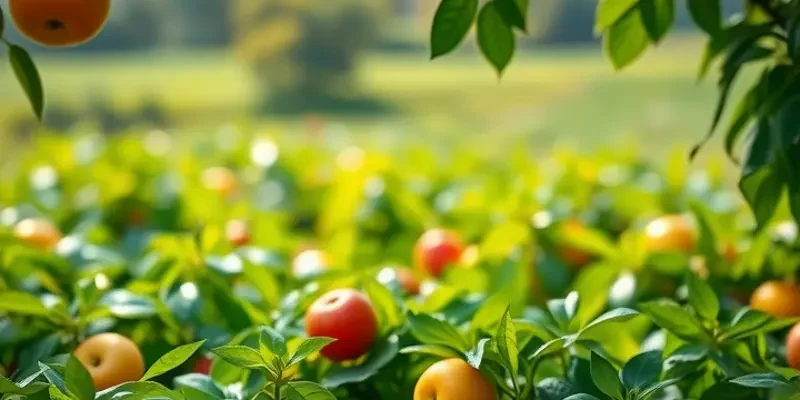 Photorealistic image of a sunlit field with an abundance of fresh vegetables and fruits, illustrating healthy nutrition.