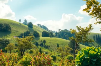 A scenic view highlighting organic vegetables and fruits thriving in a sunlit landscape.