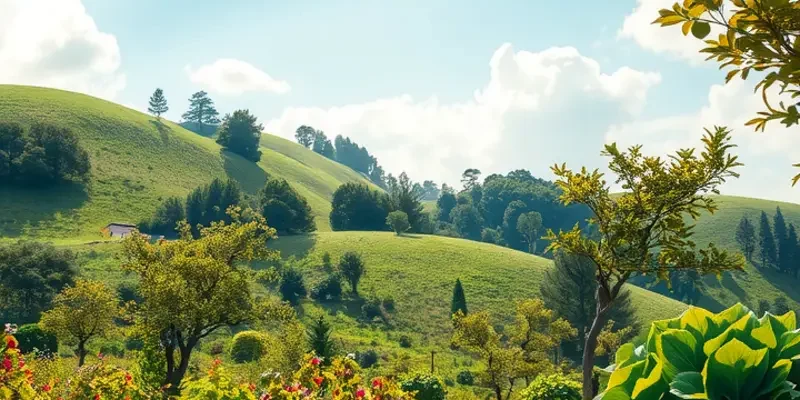 A scenic view highlighting organic vegetables and fruits thriving in a sunlit landscape.