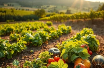 A sunlit landscape featuring a field abundant with fresh vegetables and fruits.