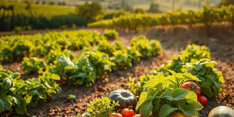 A sunlit landscape featuring a field abundant with fresh vegetables and fruits.