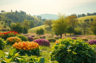 Photorealistic image of a sunlit field filled with vibrant organic vegetables and fruits growing in lush greenery.