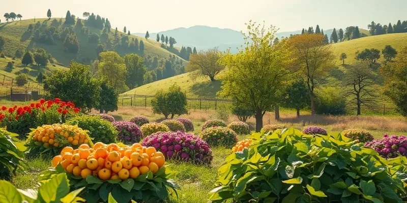 Photorealistic image of a sunlit field filled with vibrant organic vegetables and fruits growing in lush greenery.
