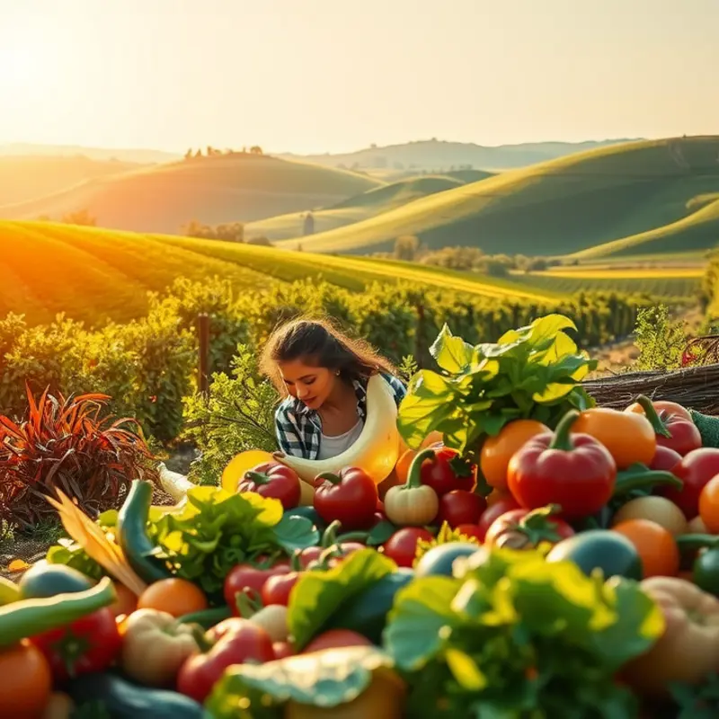 A sunlit field bursting with fresh vegetables and vibrant fruits.
