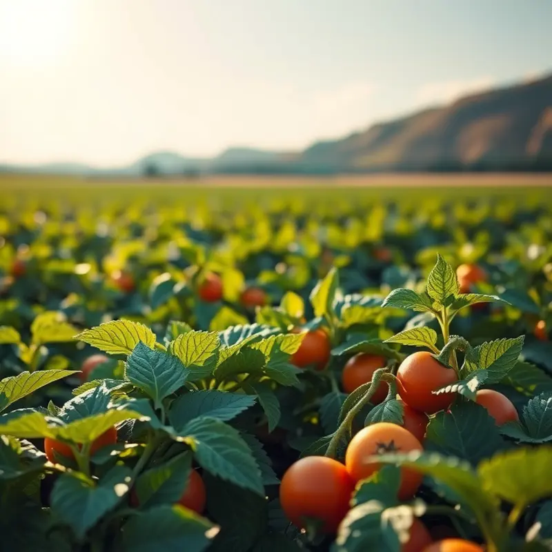 A sunlit field showcasing a variety of organic vegetables and fruits.