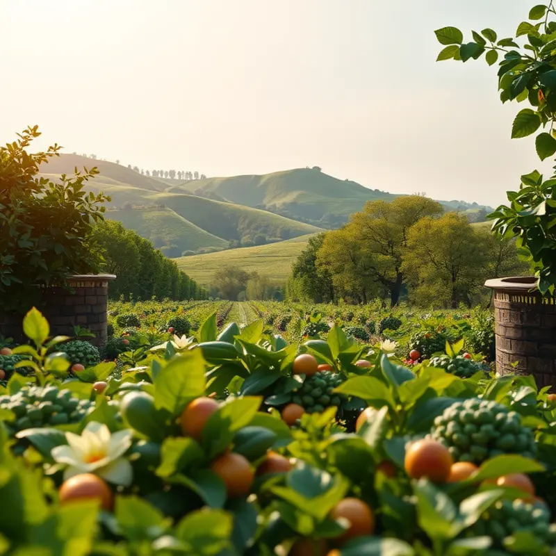 A colorful orchard abundant with fruits under soft sunlight.