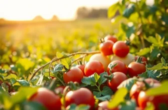 A beautiful sunny landscape featuring a variety of organic fruits and vegetables