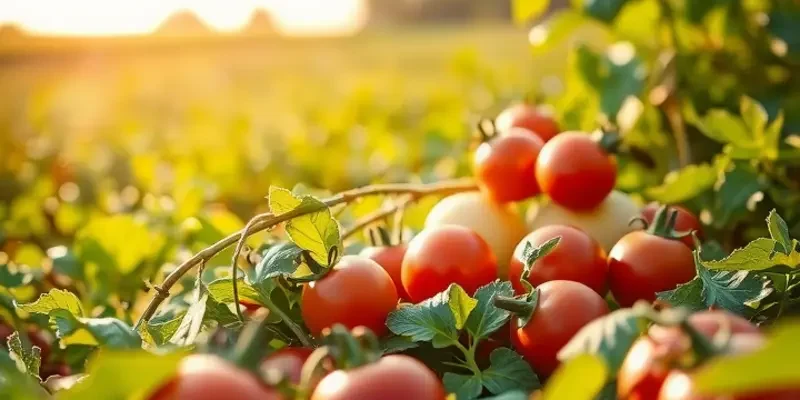 A beautiful sunny landscape featuring a variety of organic fruits and vegetables