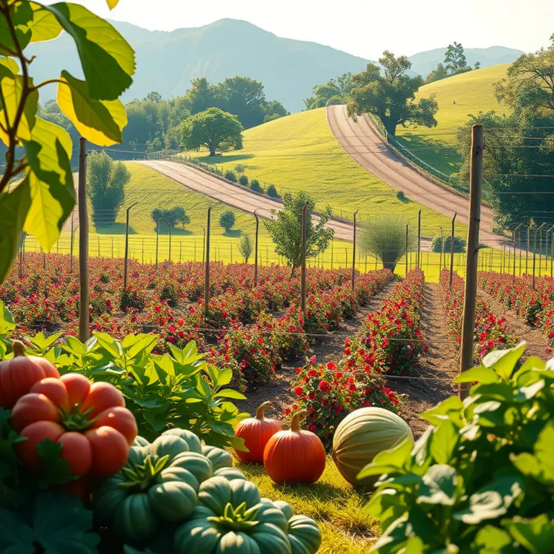 A vibrant orchard filled with fresh fruits and vegetables under warm sunlight.