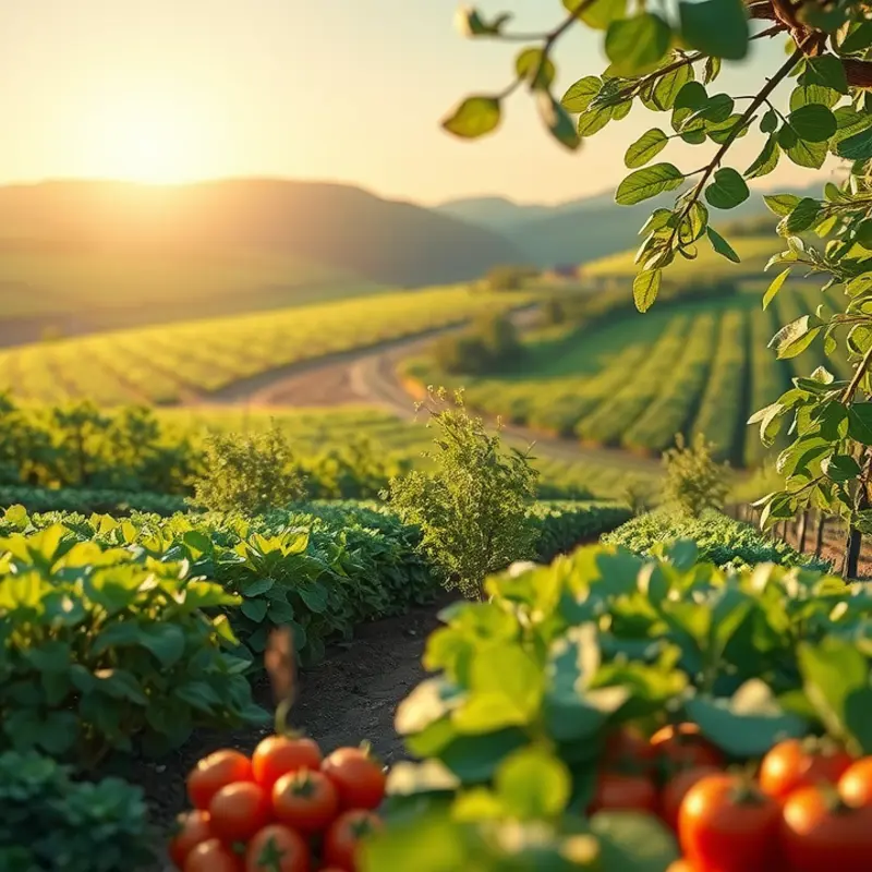 A lush sunlit orchard displaying vibrant organic fruits and vegetables.