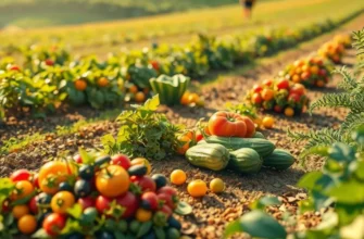 A beautiful field filled with fresh vegetables and fruits under soft sunlight.
