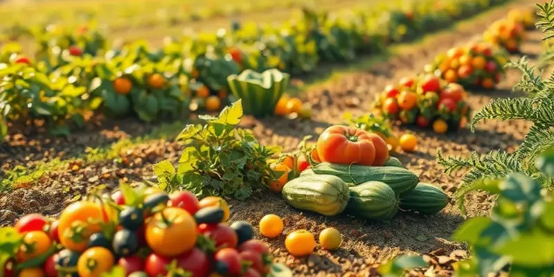 A beautiful field filled with fresh vegetables and fruits under soft sunlight.