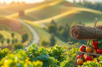 A sunny field full of vibrant fruits and vegetables, illustrating the natural sources of ingredients in global confectionery.