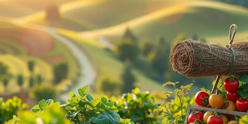 A sunny field full of vibrant fruits and vegetables, illustrating the natural sources of ingredients in global confectionery.