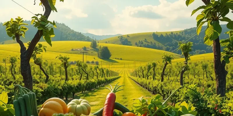 Lush orchard filled with fruits and vegetables, symbolizing the diversity of global culinary traditions.