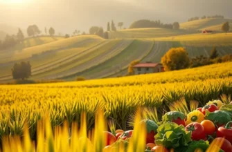 Vibrant sunlit field brimming with fruits and vegetables among lush greenery, representing the essence of organic and fresh produce.