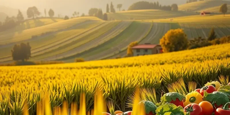 Vibrant sunlit field brimming with fruits and vegetables among lush greenery, representing the essence of organic and fresh produce.