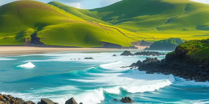 A sunlit landscape showcasing vibrant fruits and vegetables among lush greenery.