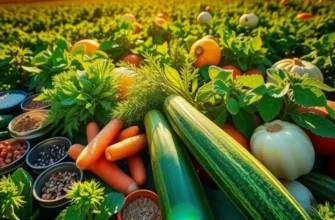 A panoramic view of a sunlit field rich with colorful vegetables and herbs, symbolizing global culinary traditions in stews.