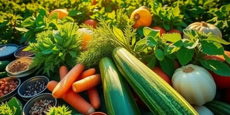A panoramic view of a sunlit field rich with colorful vegetables and herbs, symbolizing global culinary traditions in stews.