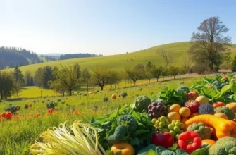 A beautiful sunlit orchard depicting a variety of organic vegetables and fruits, representing the richness of vegetarian culinary tradition.
