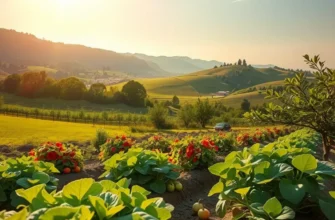 Scenic photorealistic landscape portraying lush organic produce basking in sunlight, representing global wedding food traditions.