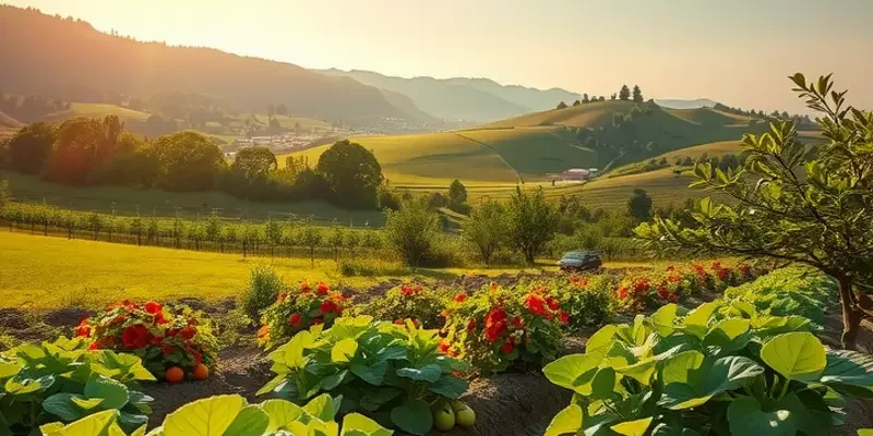 Scenic photorealistic landscape portraying lush organic produce basking in sunlight, representing global wedding food traditions.