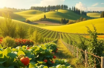 A beautiful organic landscape showcasing fresh fruits and vegetables in a scenic, sunlit environment.