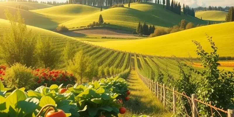 A beautiful organic landscape showcasing fresh fruits and vegetables in a scenic, sunlit environment.