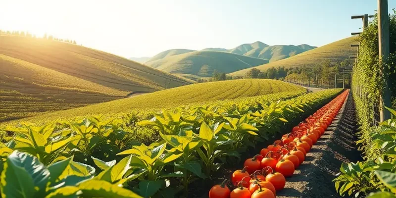 A vibrant sunlit field featuring a variety of vegetables and fruits, symbolizing healthy, gluten-free dietary choices.