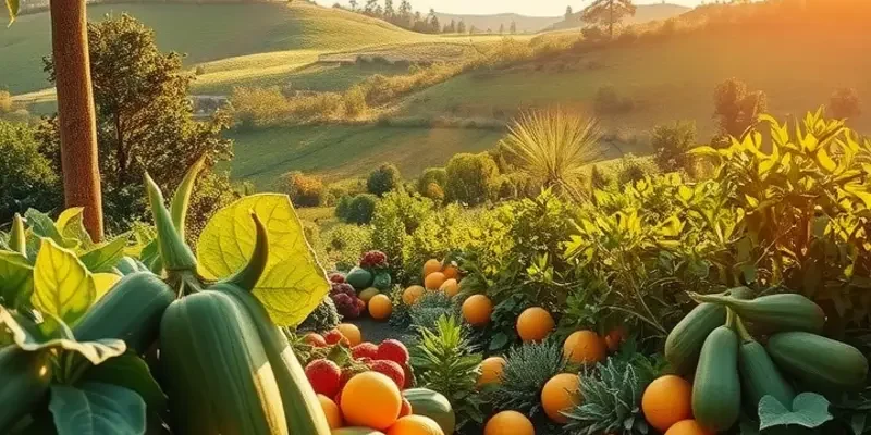 A scenic view showcasing a bountiful array of organic fruits and vegetables.