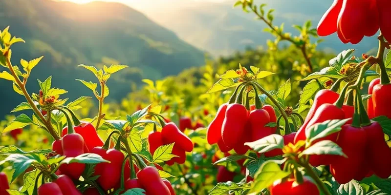 A sunlit field showcasing goji berries and organic vegetables growing naturally in a vibrant landscape.