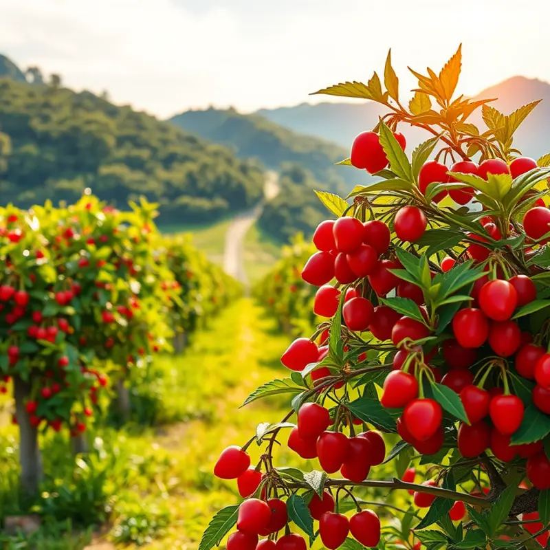 A sunlit orchard brimming with ripe goji berries.