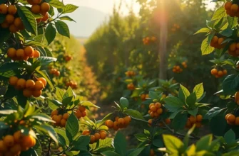 A vibrant orchard filled with golden berries among lush greenery under warm sunlight.