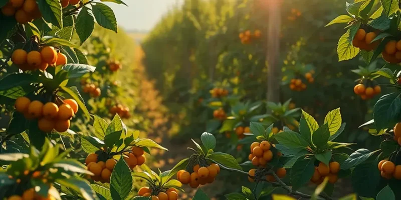A vibrant orchard filled with golden berries among lush greenery under warm sunlight.